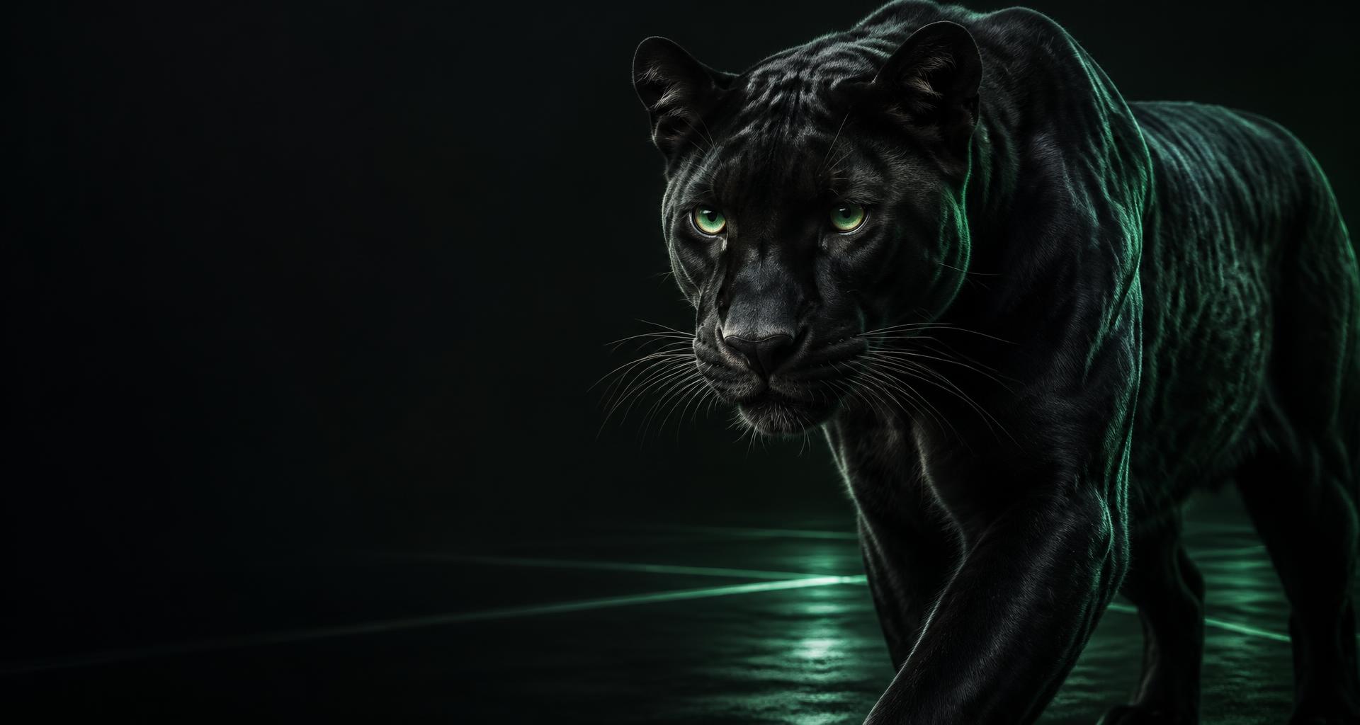 A black panther illuminated by emerald light